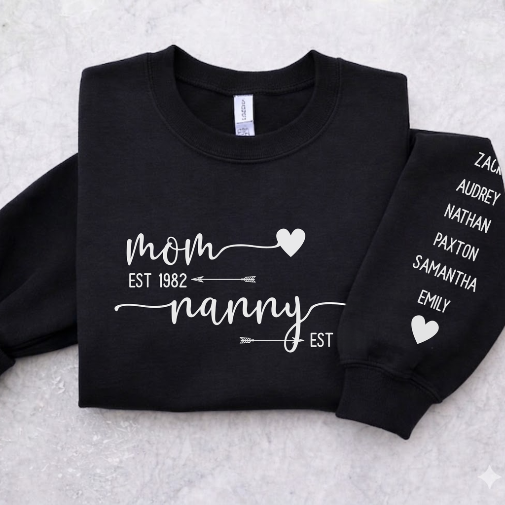 Custom Grandma Est. Crewneck Sweatshirt, Custom Nanny Sweatshirt, Personalized Kids Names Sleeve, Mother's Day Gift, Gift for Her