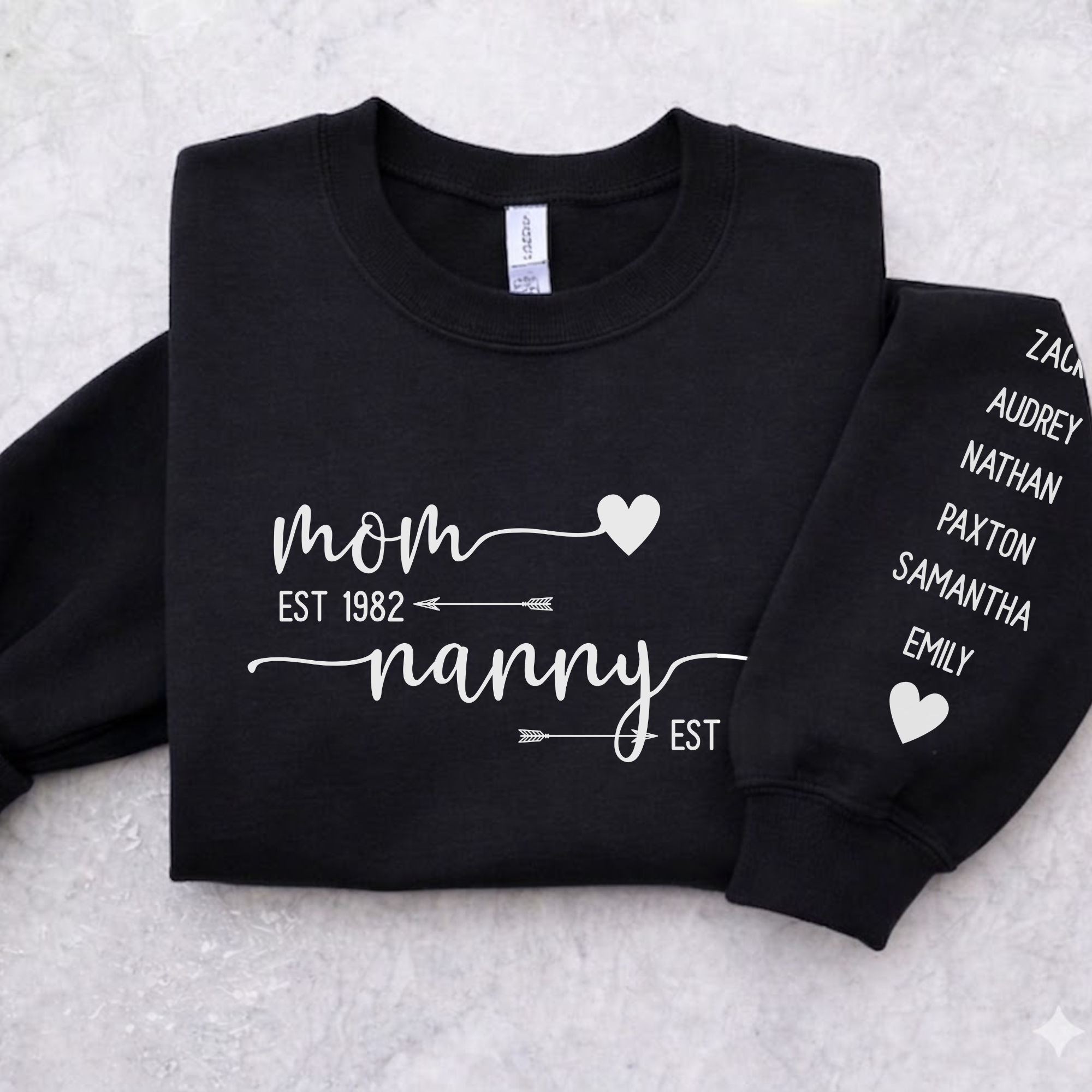 Custom Grandma Est. Crewneck Sweatshirt, Custom Nanny Sweatshirt, Personalized Kids Names Sleeve, Mother's Day Gift, Gift for Her