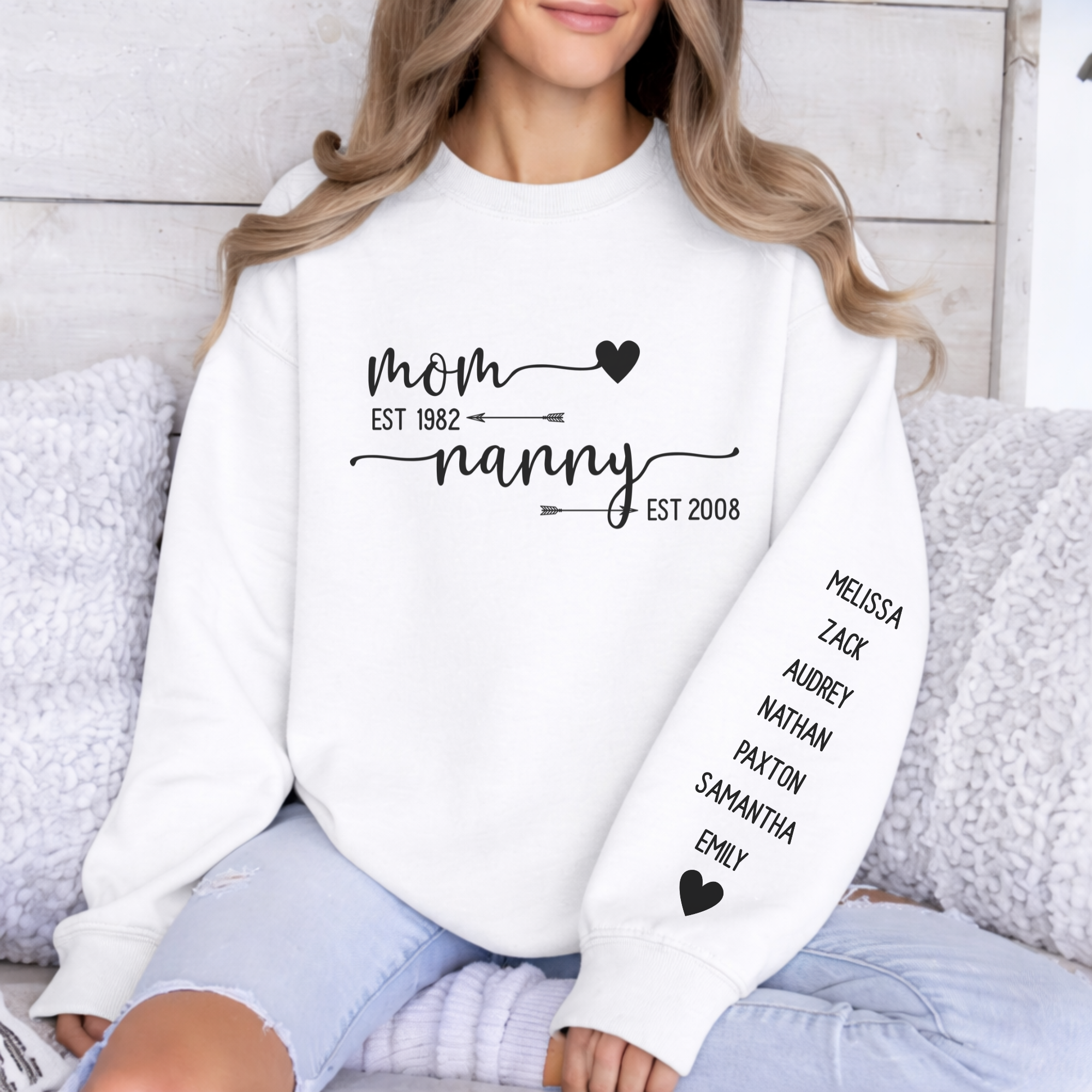 Custom Grandma Est. Crewneck Sweatshirt, Custom Nanny Sweatshirt, Personalized Kids Names Sleeve, Mother's Day Gift, Gift for Her